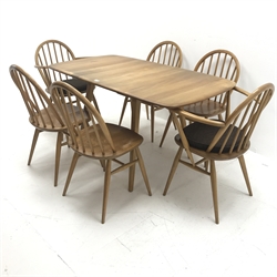 Ercol drop leaf elm and beech dining table (W140cm, H72cm, D75cm) and set six (4+2) Windsor dining chairs (W63cm)