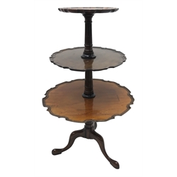 Georgian style mahogany tripod dumb-waiter, three shaped pie crust edged tiers graduating in size, turned and stop fluted column, on three out splayed supports, H95cm, D57cm