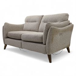 Ashwood - ‘Calypso’ 2-seater motion lounger, upholstered in light stone grey textured fabric with flared arms and split back cushions, fitted with dual electric recline controls, raised on stained tapering legs
