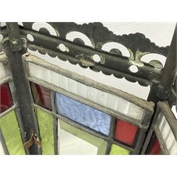 Victorian brass and stained leaded glass hall lantern, of hexagonal form, supported by four domed arms and pierced fret, H46cm W20cm