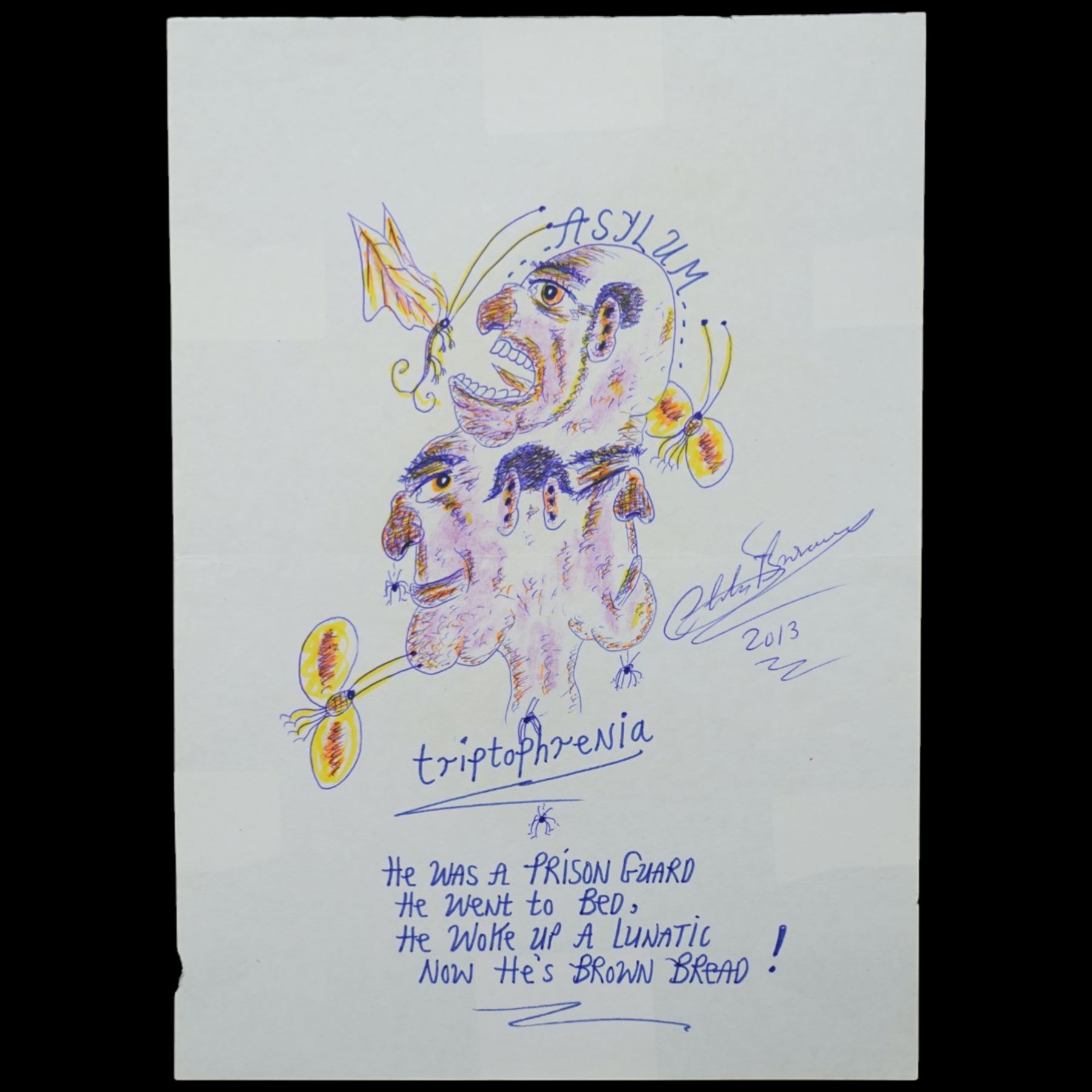 Charles Bronson (Charles Arthur Salvador) (British 1952-): A comprehensive collection of five hundred mixed media works executed between 2000 and 2025. Produced during the artist’s long-term incarceration, the works are primarily in ink, coloured pencil and mixed media on paper. The collection includes multiple formats: A5 (15 works), A4 (308 works), A3 (164 works) and A2 (13 works). Some are signed and dated; a number are executed on the reverse of official prison documents and other repurposed materials, reflecting the limited availability of art materials within the prison environment. This collection represents the largest body of the artist’s work to be offered as a single lot and has not previously been available on the market. (500) (unframed)

Notes: Dated examples span the period from 2000 to 2025, with the greatest concentration produced between 2012 and 2019 and including a group of recent large-scale works from the final years of the period; approximately twenty percent are undated.