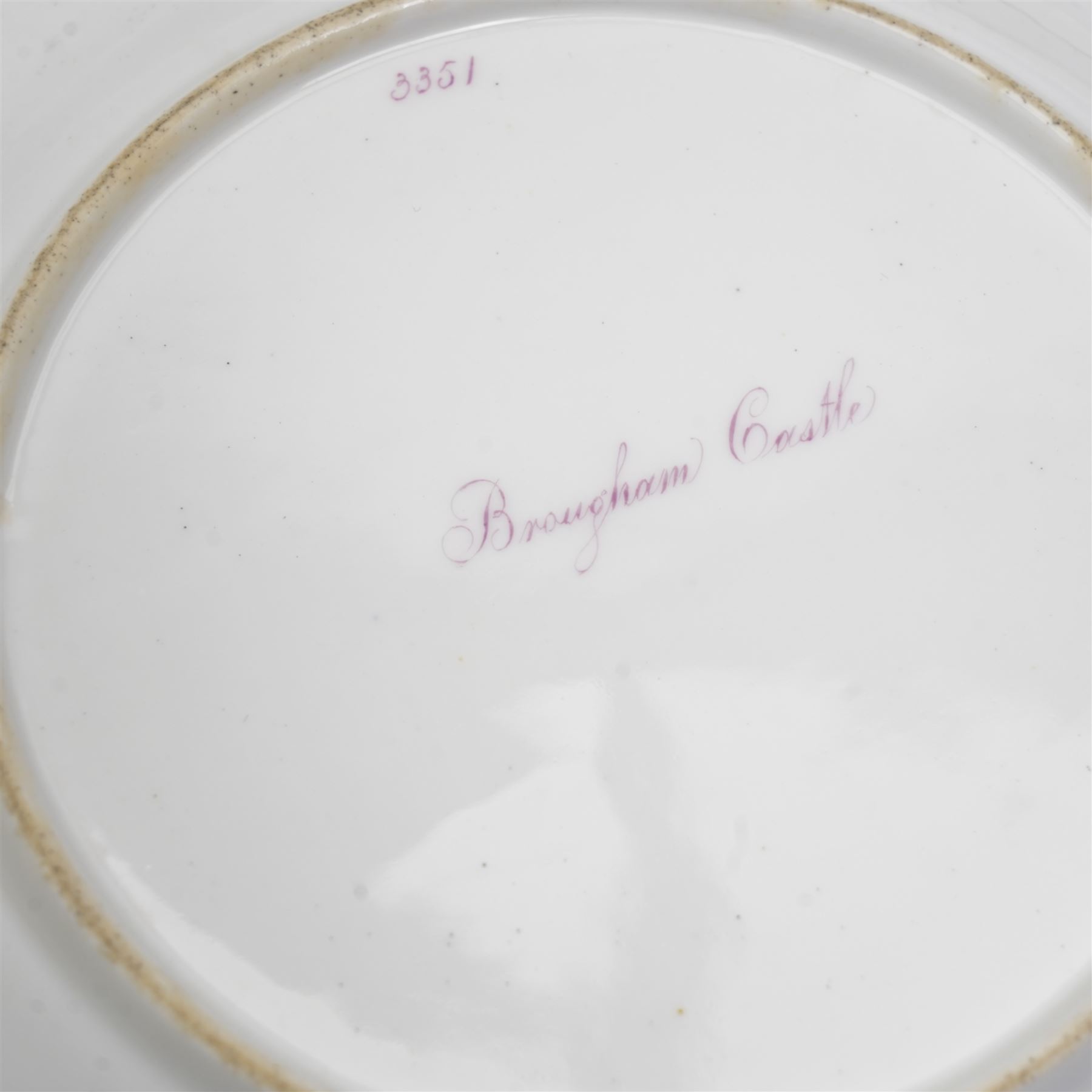 Set of five Derby plates with painted landscapes by Henry Lark Pratt, within gilt detailed swept boarders, the scenes comprising 'Brougham Castle - Northumberland' 'Eglinton Castle' 'Tivoli' and 'Blickling - Norfolk', with painted titles to base, pattern no. 3351 (5)