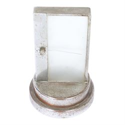 Art Deco chrome plated desk aneroid barometer by Zeiss Ikon, with frosted glass panel to rear, upon raised on a stepped circular base with instructions printed on the underside, H16cm