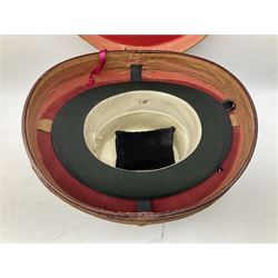 Leather hat box containing black felt top hat with 'British Manufacture' label, together with a grey top hat with 'Allens of Harrogate' label 