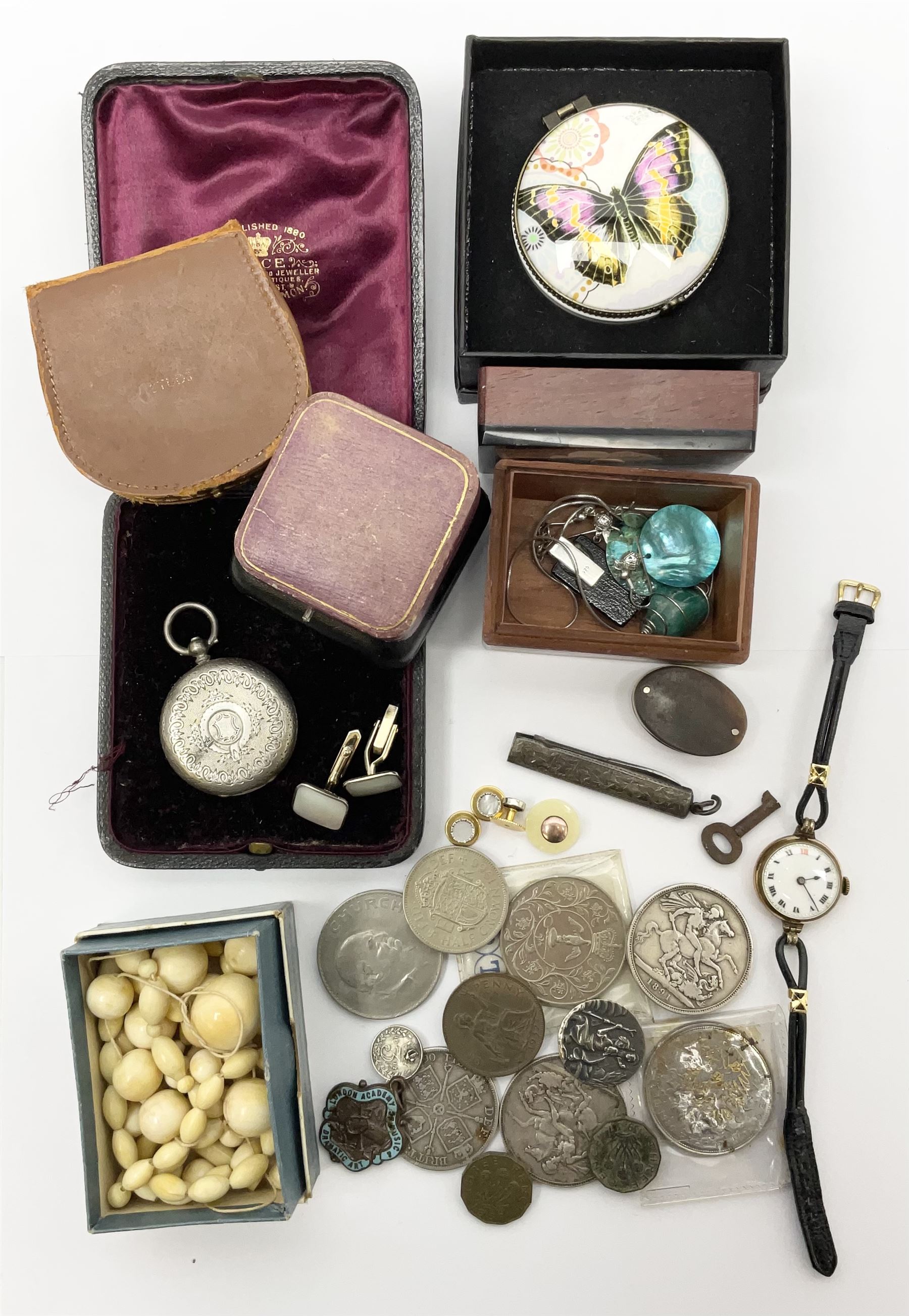 Two Queen Victoria silver crowns, 1891 and 1896, 1890 half crown, silver pocket watch, Victorian ivory beads, pair of silver folding scissors and other silver jewellery stamped 925