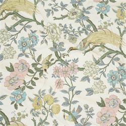 Pair of large quality full length lined and padded ivory ground curtains profusely decorated with birds of paradise and exotic flora, in a predominantly pastel palette

Pelmets W 335cm