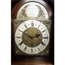  20th century figured mahogany longcase Granddaughter clock, triple train driven Westminster chiming movement on rods, dial signed 'Tempus Fugit' H155cm  