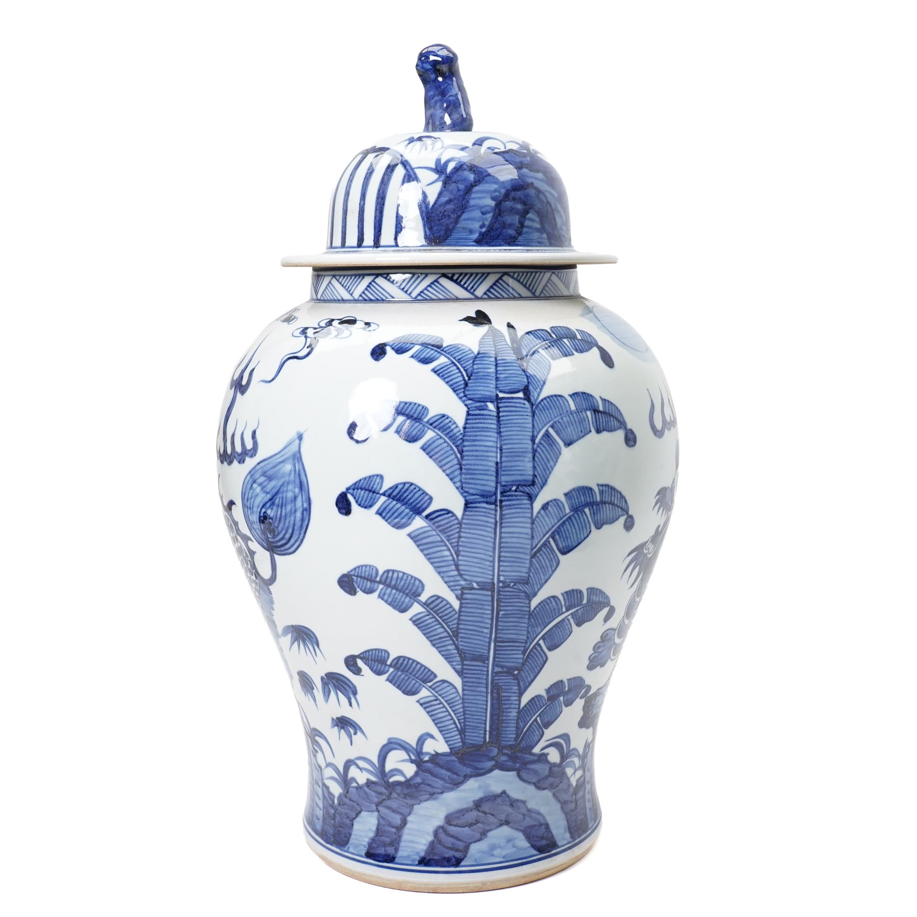 Pair of blue and white Chinese baluster vases and covers decorated with dragons, foliage etc H49cm