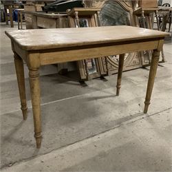Late 19th century pine side table, rectangular top with rounded corners, on ring turned supports  - THIS LOT IS TO BE COLLECTED BY APPOINTMENT FROM THE OLD BUFFER DEPOT, MELBOURNE PLACE, SOWERBY, THIRSK, YO7 1QY