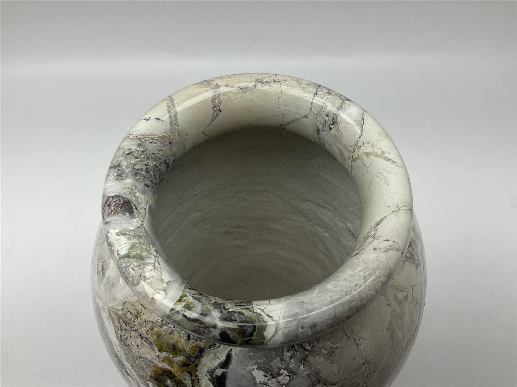 White marble vase, of baluster form, with grey, gold and green undertones, H30cm