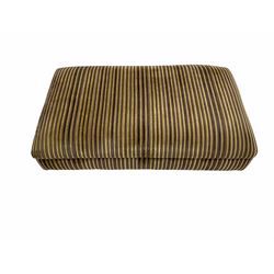 Rectangular footstool, upholstered in plum striped fabric on turned feet