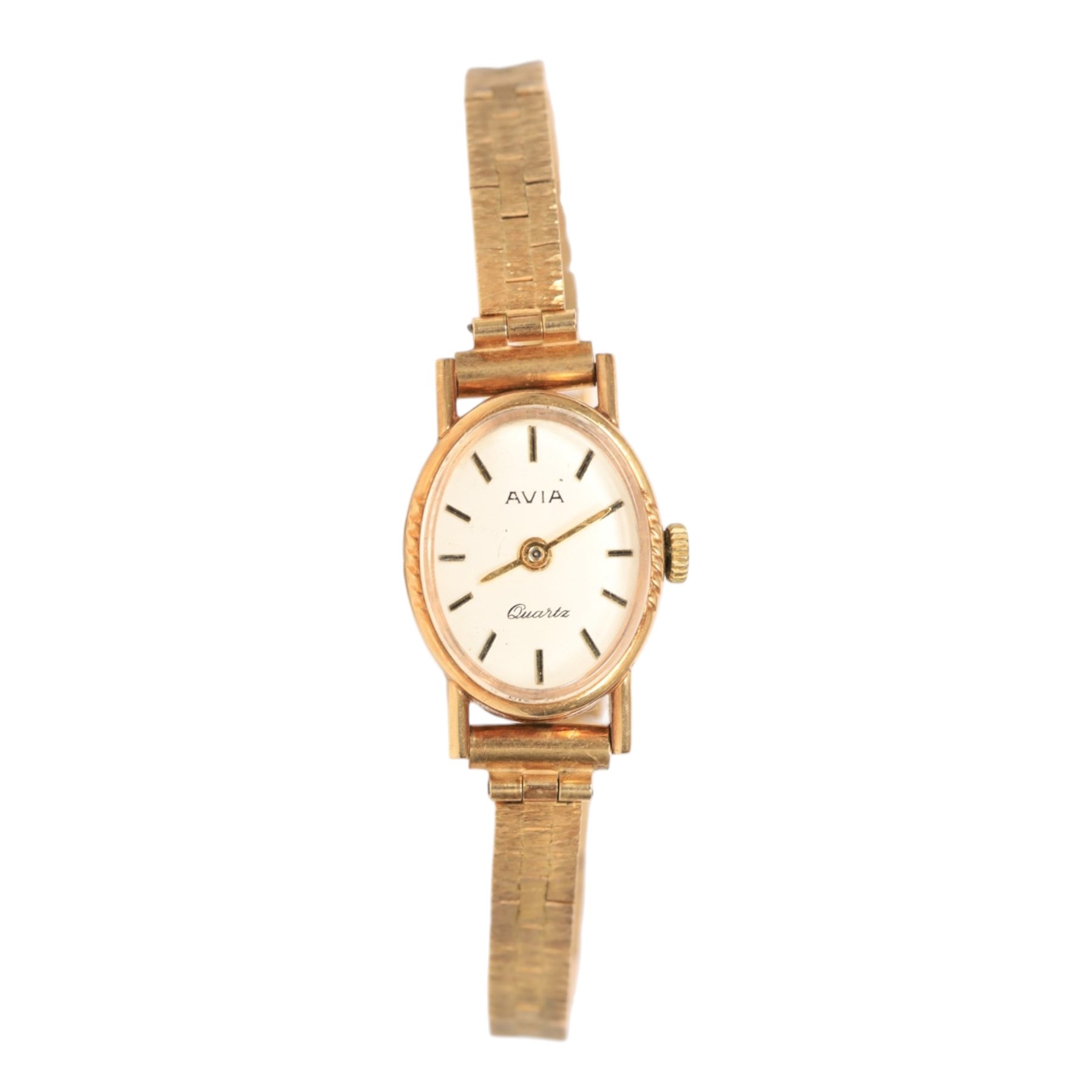 9ct gold ladies Avia quartz wristwatch on 9ct gold bracelet strap, hallmarked