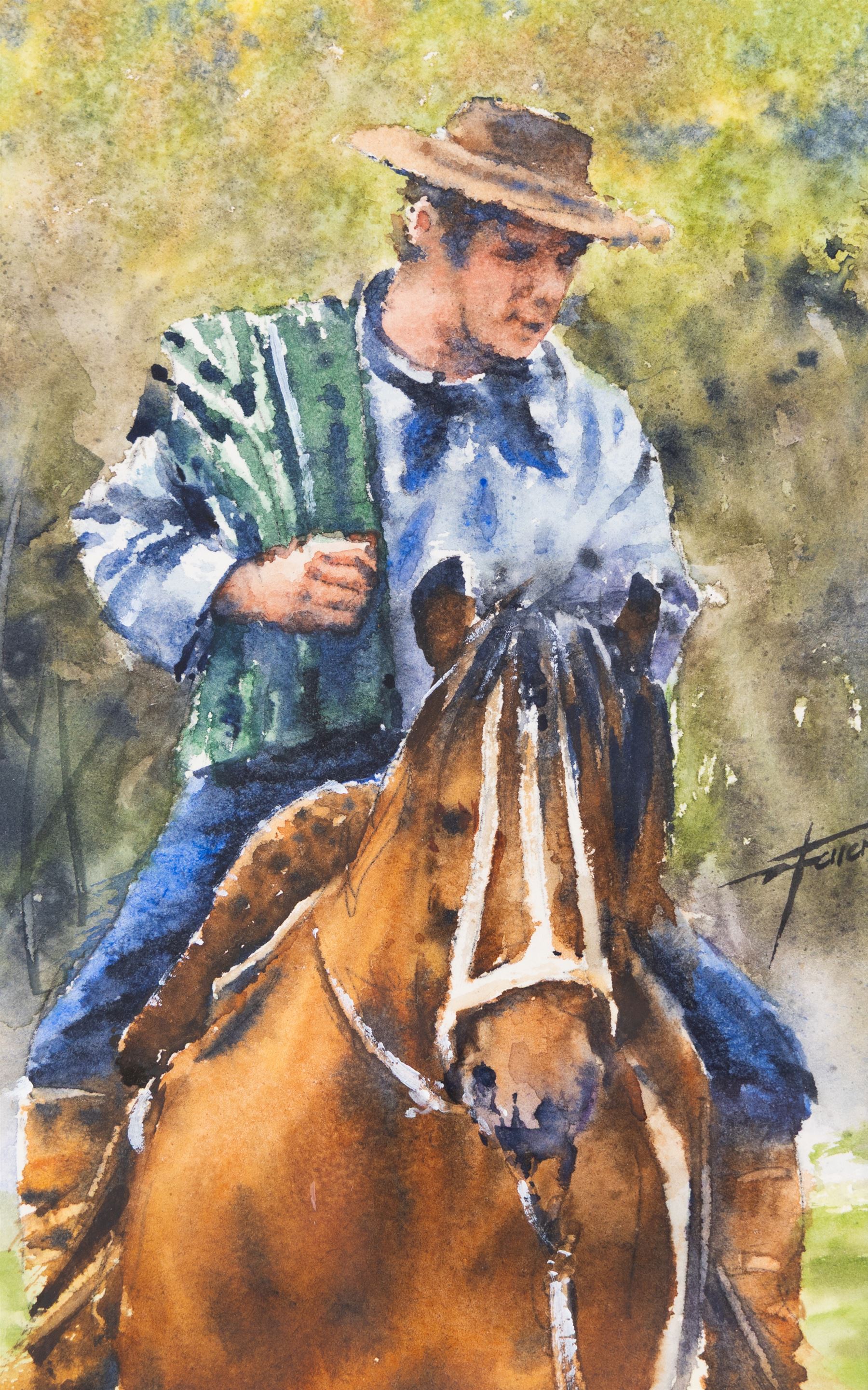 Diego Ferrer (Argentinian Contemporary): Gauchos on Horseback, set of three watercolours signed and variously dated, each approx. 22.5cm x 14.5cm (3) (one unframed)