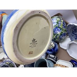 Quantity of ceramics to include Myott jug, Wedgwood black basalt jasperware box, Royal Doulton Images of Nature figure (a/f), blue and white Chinese bowl decorated with dragons, teawares, silver plate, and large terracota vase, H48cm