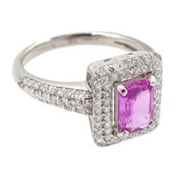 18ct white gold pink sapphire and diamond cluster ring, with diamond set shoulders, stamped sapphire approx 0.85, total diamond weight 0.62