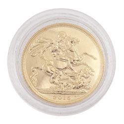 Queen Elizabeth II 2015 gold full sovereign coin, housed in a display case