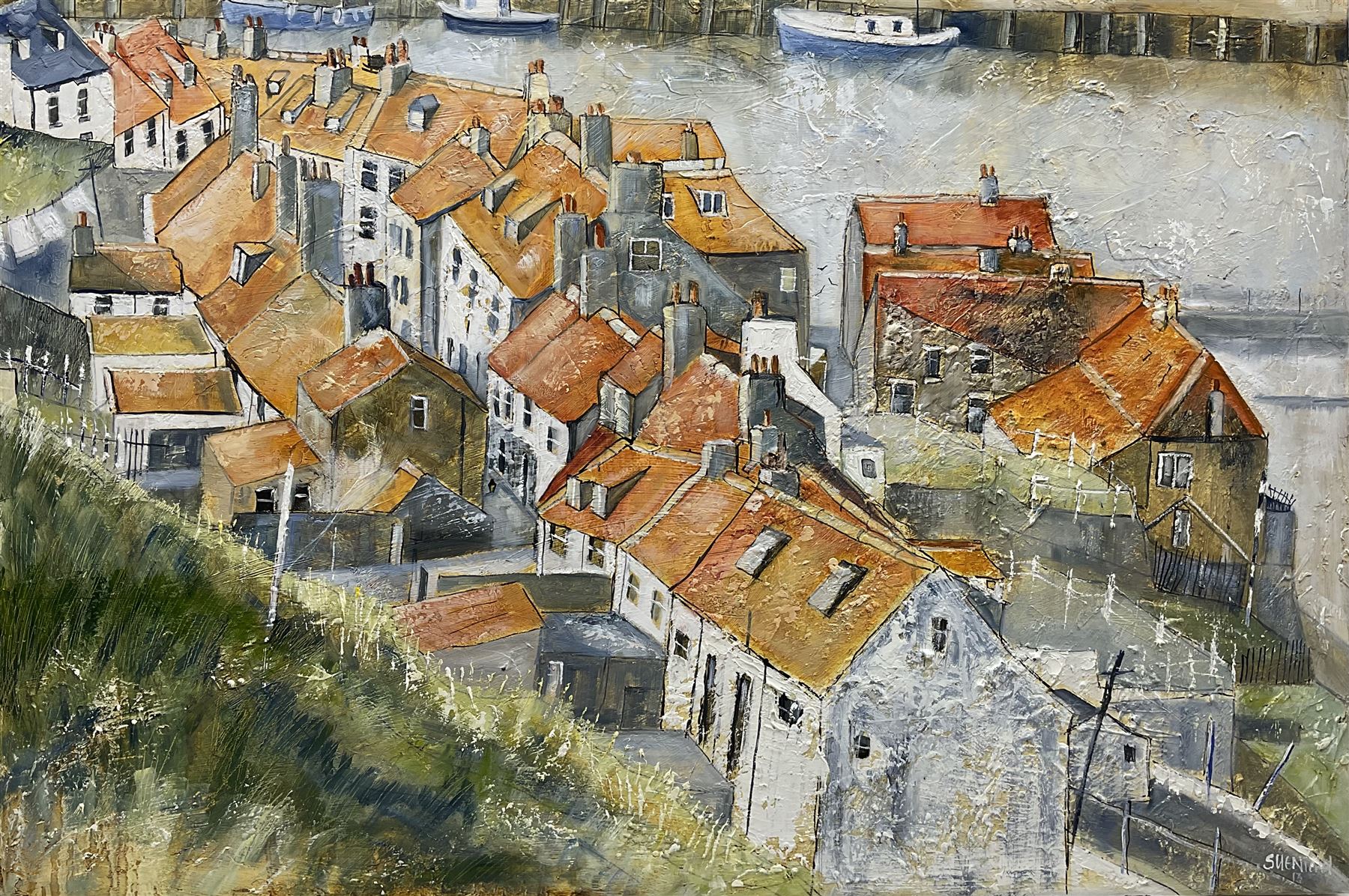 Sue Nichol (Northern British Contemporary): Roof Tops Henrietta Street Whitby, oil on canvas signed and dated '13, 60cm x 90cm (unframed)