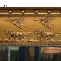 Early 20th-century giltwood tripartite overmantel mirror, rectangular frame with ball decorated cornice above frieze decorated with a classical allegorical depiction of the Triumph of Cybele in a processional chariot drawn by lions, above a beaded moulding and rectangular mirror plate, flanked by plain and reeded pilasters with Corinthian capitals, shafts decorated with pendant garlands  