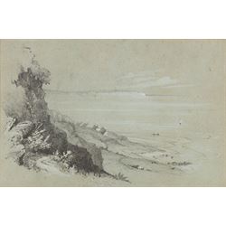 Attrib. James Duffield Harding (British 1798-1863): View of the East Yorkshire Coast, pencil unsigned 18cm x 27.5cm; Continental School (19th/20th century): Girl Underneath Archway, watercolour unsigned 24cm x 16cm and English School (19th/20th century): Horse Riders in a Forest Clearing, oil on board indistinctly signed 14cm x 20cm (3)