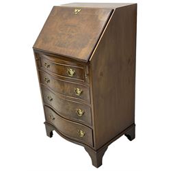 Reprodux - Georgian design figured walnut bureau, the fall front enclosing fitted interior, serpentine front with four graduating cock-beaded drawers, on bracket feet