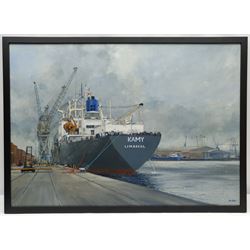 A E Gray (British mid/late 20th century): Unloading the 'Kamy' at Hull Docks, oil on board signed 45cm x 60cm