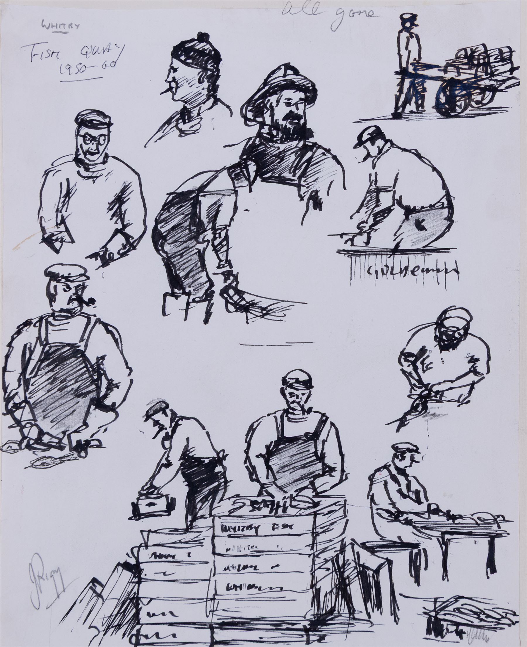 Jack Rigg (British  1927-2023): Whitby Fish Quay Portraits and Yorkshire Cobles - Filey and Whitby, two pen and ink sketches variously inscribed and dated, 25cm x 20cm and 11.5cm x 25cm (2) (unframed)