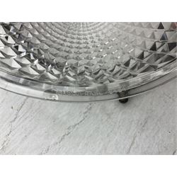 Edwardian glass holophane ceiling light, the domed bowl shade suspended in circular brass frame by three chains, stamped Crystal Bowl Holophane 8424, patent no 1796, 1910 on the inside rim, D35cm