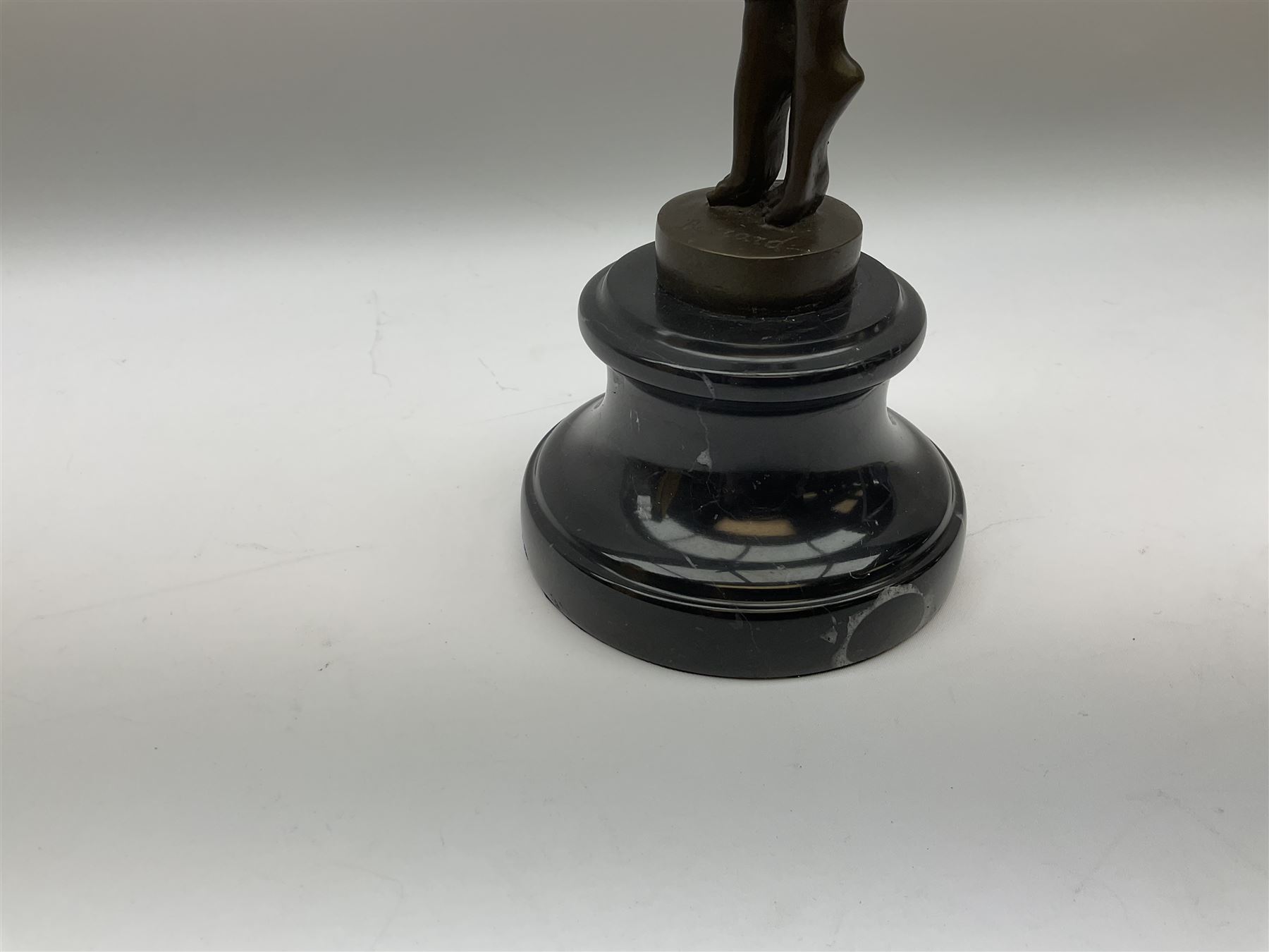 Art Deco style bronze figure of a dancer, after 'Berrard', raised upon a circular base, with foundry mark, H49cm