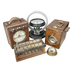 Philip Harris resistance bridge box in wood and glass case, Power Factor Meter no 382603 in case, GEC brass galvanometer in wood case with key, and brass ammeter 0-6 Ampere with terminals inside, etc (5)