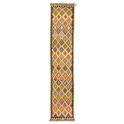 Anatolian Turkish Kilim ivory ground runner rug, decorated with all over multi-colour geometric lozenges with ivory outline