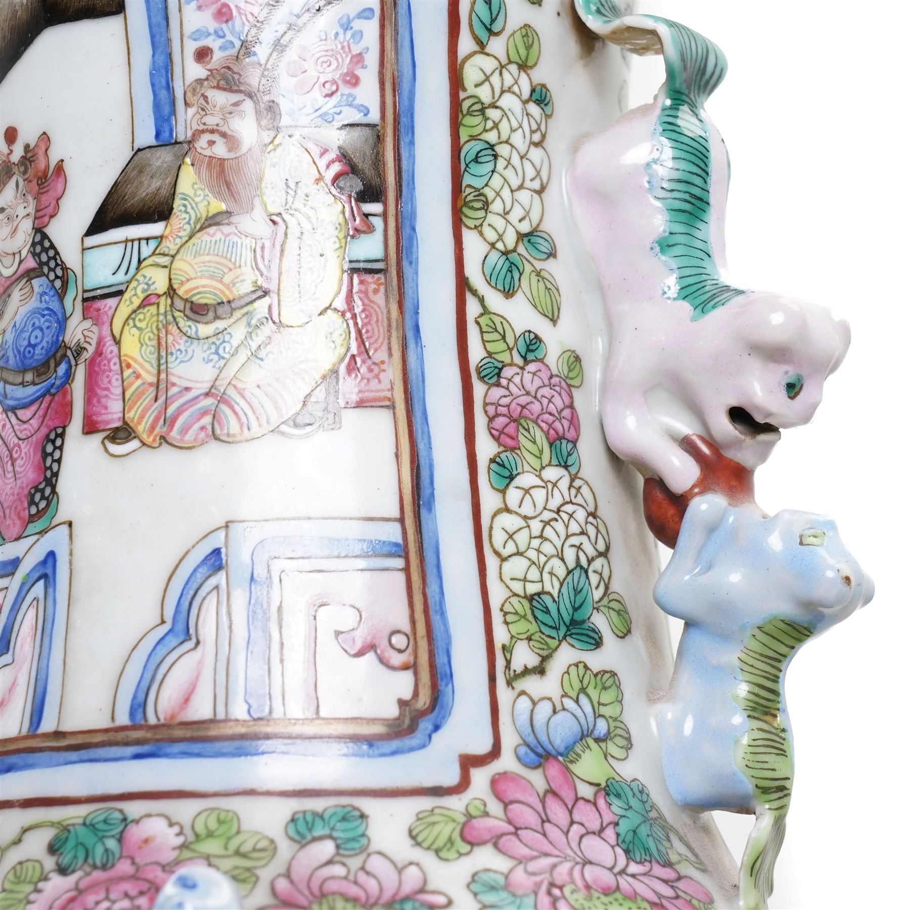 Large pair of 19th century Cantonese famille rose vases, each painted with various courtly scenes, including a display of warriors fighting on horseback before an official and his attendants, double Buddhist lion handles and applied at the shoulders with chilong, the lower band painted with Greek key motif, H58cm (2)