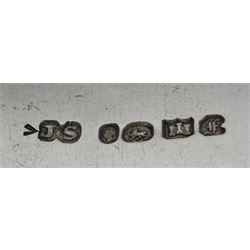 George III silver heart shaped caddy spoon, makers mark IT, Birmingham 1812, gold diamond stick pin, silver cigarette case by Henry Matthews, Birmingham 1906, three silver thimbles and a silver table spoon Fiddle pattern  by John Stone, Exeter 1842