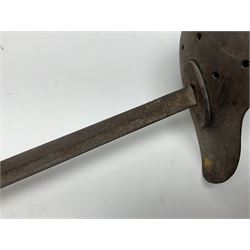 Late Victorian British Military gymnasium practice sword with 85.5cm fullered blunt pointed narrow straight blade, pierced bowl guard and chequered wooden grip L103cm overall; Leon Paul fencing foil with shaped grip and touche wiring; and two reproduction Indian tulwar swords with scabbards (4)