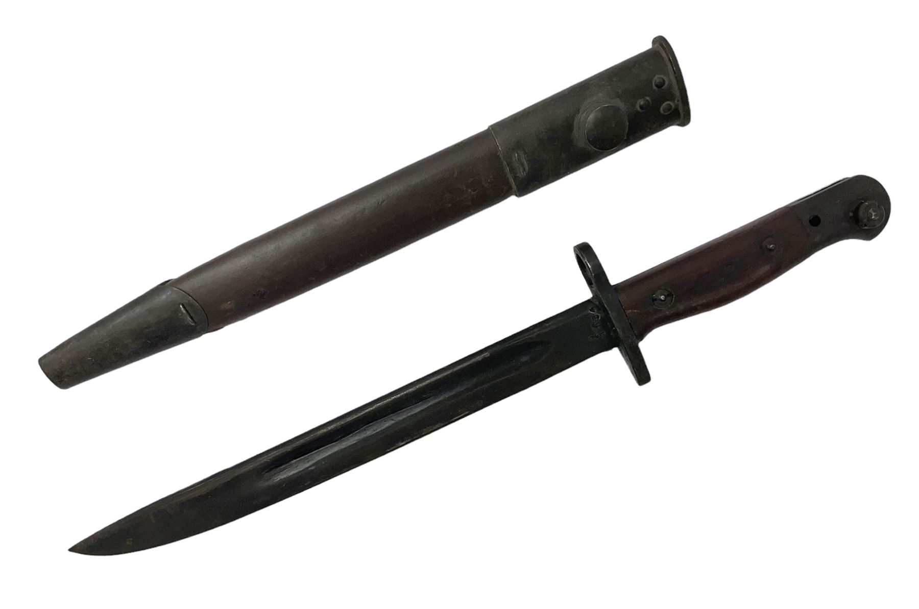 Australian Owen sub-machine gun bayonet, the 25.5cm fullered steel blade marked '53'; in metal bound wooden scabbard marled MA53 L41cm overall