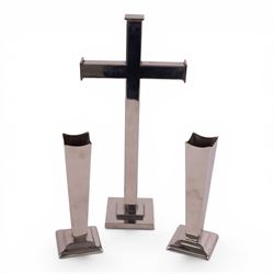 20th century chrome alter crucifix and matching vases, crucifix 39cm