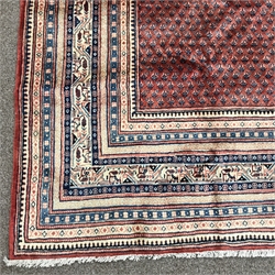 Large Persian Araak red ground rug, multiple band border, repeating boteh motifs field, 392cm x 284cm 