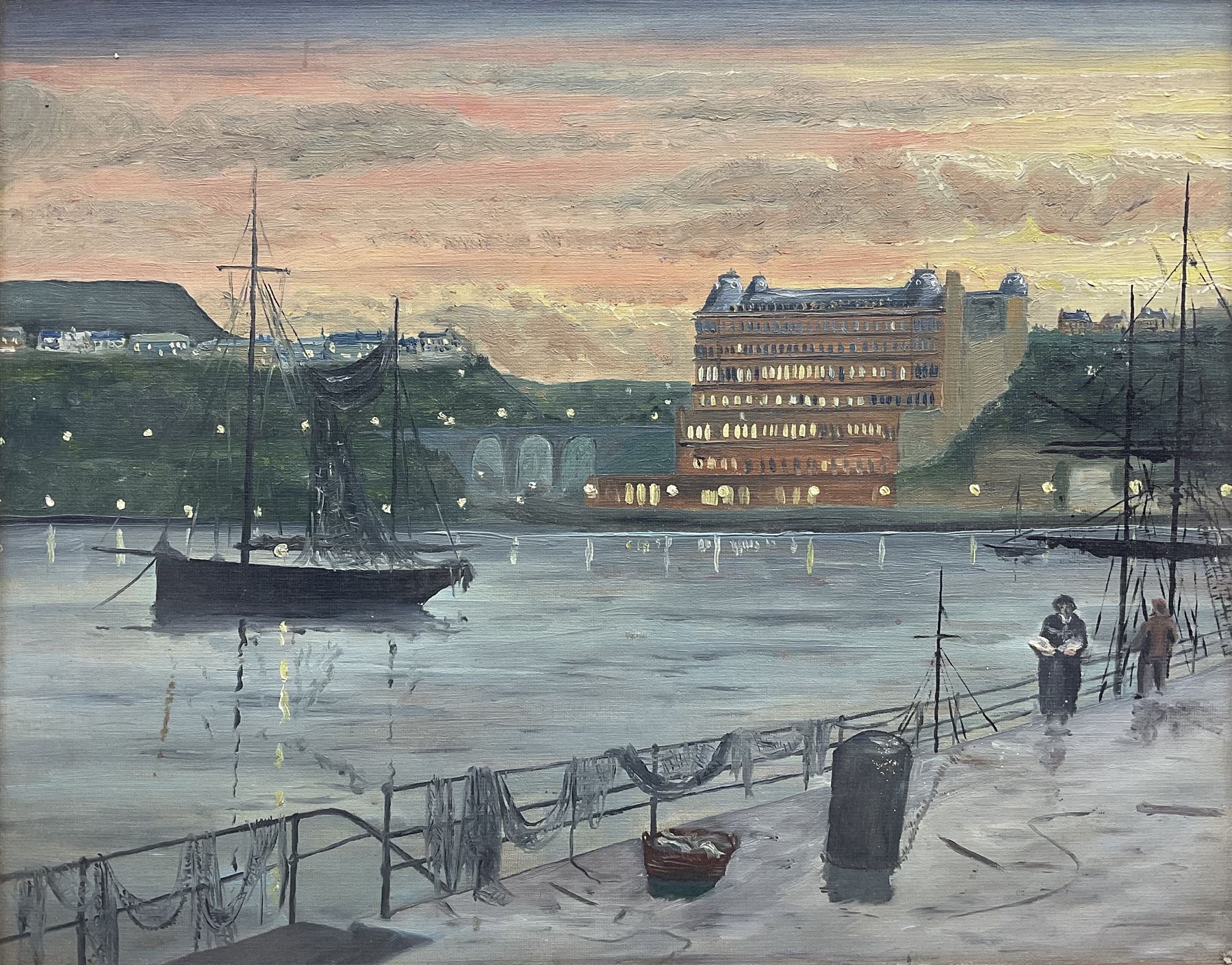 Robert Sheader (British 20th century): Grand Hotel Scarborough at Dusk, oil on board after Atkinson Grimshaw unsigned 39cm x 49cm
