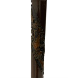Chinese hardwood standard lamp, carved with traditional boat scenes, circular base