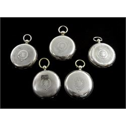 Five 19th and early 20th century silver open face lever and cylinder pocket watches by H Samuel, Manchester, James Dowel, Carlisle and two unnamed, white enamel dials with Roman dial and subsidiary seconds dial, hallmarked or stamped (5)