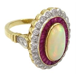 Gold oval opal calibre cut ruby and round brilliant cut diamond cluster ring, hallmarked 9ct, opal 2.50 carat, total ruby weight 1.00 carat, total diamond weight 0.75 carat