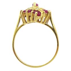 18ct gold ruby and diamond crossover marquise shaped ring