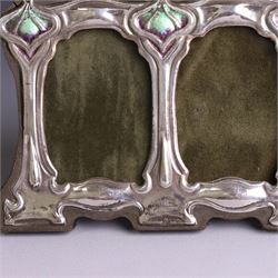 Silver mounted Art Nouveau style double photograph frame, with enamel decoration and wooden easel stand verso, stamped Sterling H8cm, W11cm,