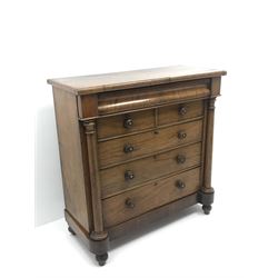 Victorian mahogany chest, single frieze, two short and three long drawers, turned supports 