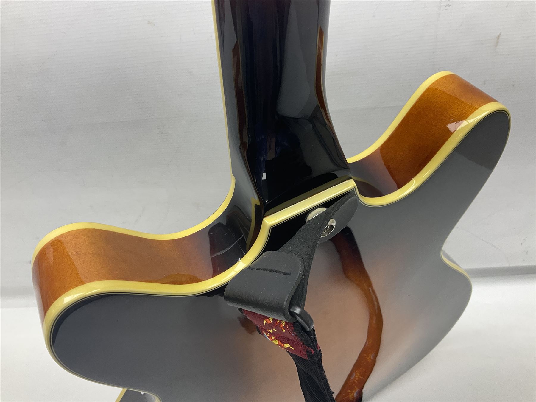 DeArmond Guild Star Fire Custom semi-acoustic guitar c2009 with tobacco sunburst finish and USA DeArmond gold foil pick-ups; serial no.KC9091266; L104cm; in Spider carrying case