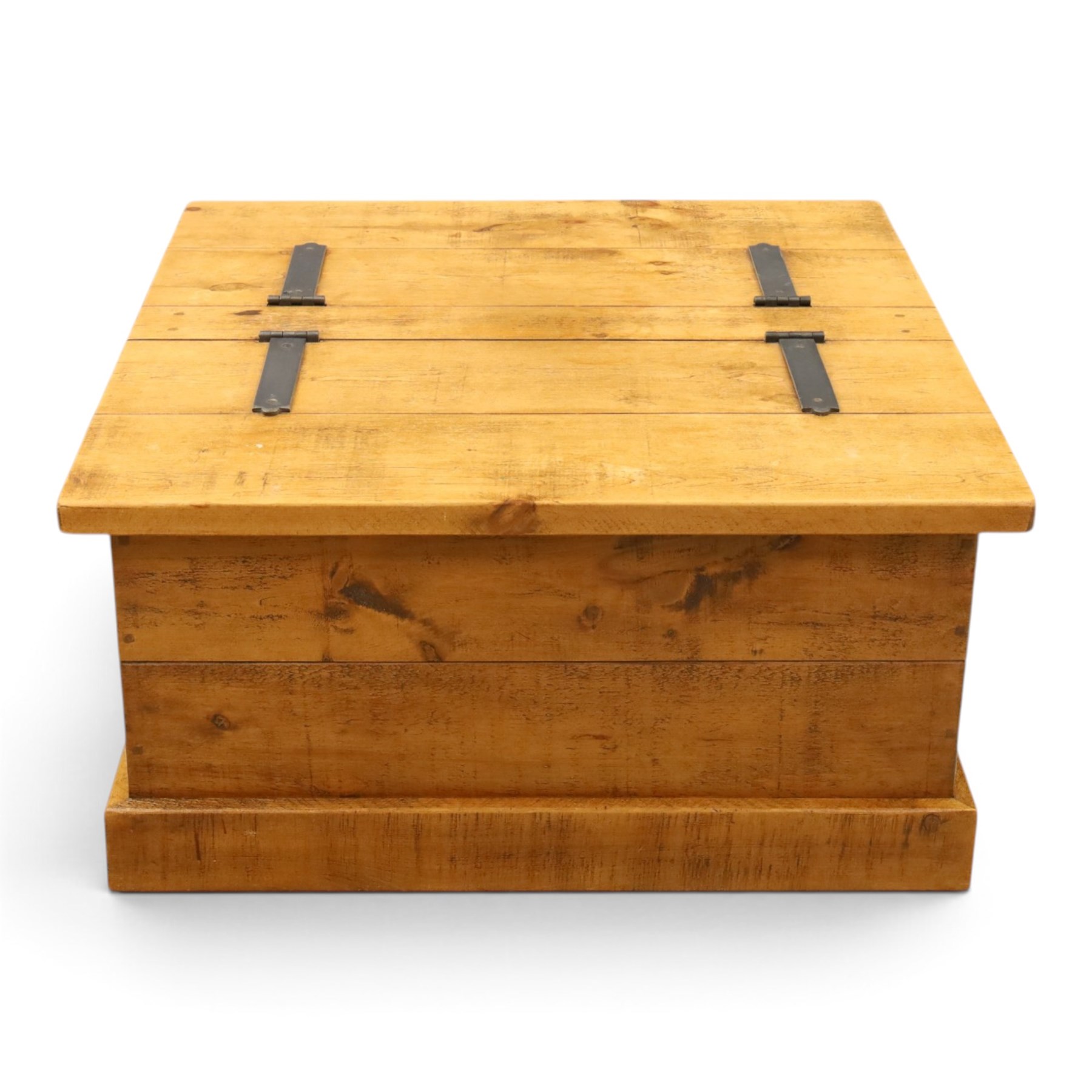 Indigo Furniture - rustic oak coffee table with double-hinged top concealing compartment, on skirted base
