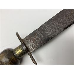 19th century continental folding knife with 15.5cm single edged blade, the pierced brass and iron handle with remains of horn grips L21.5cm overall closed; turned horn handled knife with foliate engraved blade; battlefield relic German 1884/98 knife bayonet; iron spear head; leather covered swagger stick; and two-piece gun cleaning rod