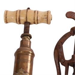 19th Century Thomason action twin helix design brass corkscrew with bone handle, together with James Heeley & Sons A1 Patent double lever corkscrew