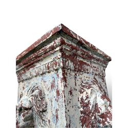 Early 20th century terracotta pedestal, square form with egg and dart detail, four lions masks to either side, finished in distressed cream paint
