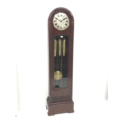  Early 20th century mahogany dome top longcase clock, circular silvered dial with Roman numerals, triple weight driven chiming 'Gustav Becker' movement, with Westminster/silent lever, H179cm  