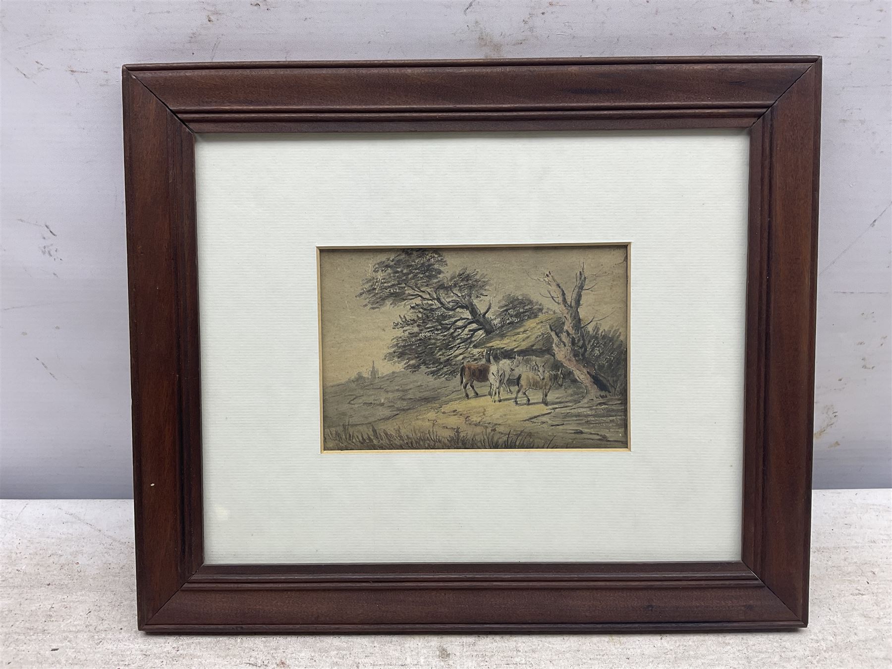Manner of Thomas Gainsborough (British 1727-1788): Horses Resting in the Shade, watercolour unsigned, indistinctly inscribed verso 9cm x 14cm 
Notes: Compositionally very similar to another Gainsborough pastel, 'Wooded Landscape with Peasant Asleep and Horses outside a Shed' in the Tate. 